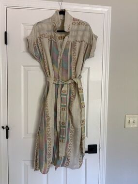 Lightweight Cream Crochet Belted Maxi Dress with Pastel Stripe Accents large